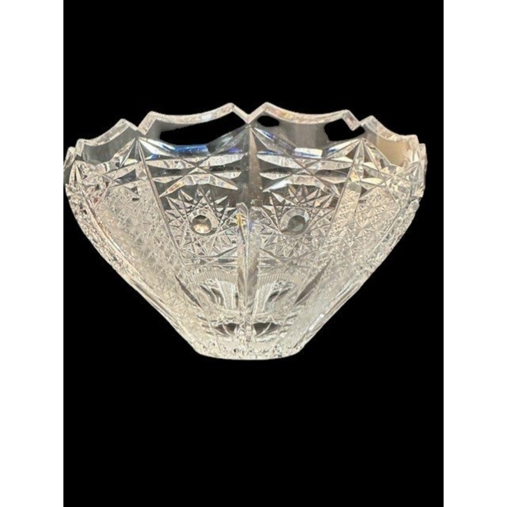Vintage‎ Cut Crystal Glass Bowl Starburst Diamond Pattern Sawtooth Rim 4.5 Inch